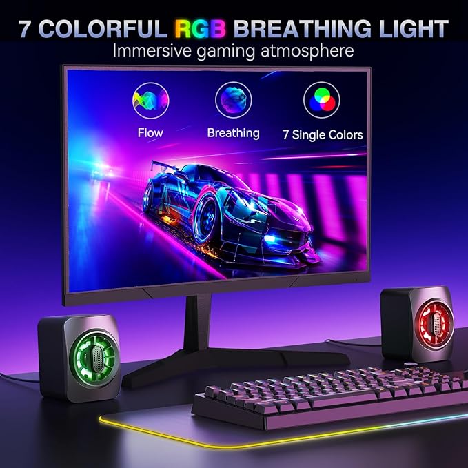 OFFSIR Computer Speakers,RGB PC Speakers, USB Powered 3.5mm Aux Speaker for Desktop, PC, Laptop, Tablet - Small Computer Speakers | Clear Sound & 7-Color Dynamic Lighting