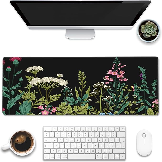 Eflxamz Large Gaming Mouse Pad for Desk,Wildflowers Night Desk Mat,Wild Floral Flower Desk Pad,Extended Big Computer Keyboard Mouse Pad with Non-Slip Base and Stitched Edge,31.5"x11.8"
