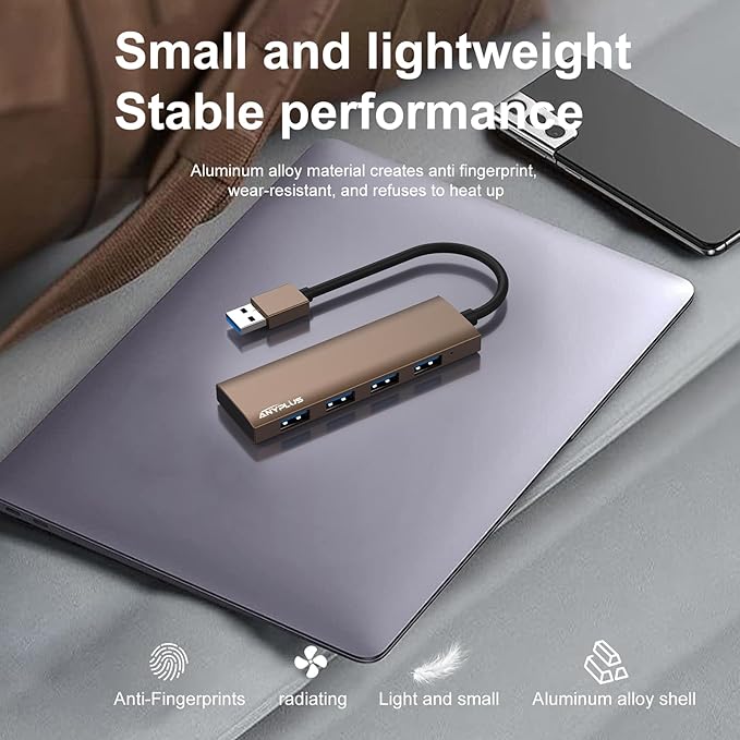 ANYPLUS USB Hub, USB 3.0 Hub Aluminum Alloy Ultra Slim USB Splitter, Portable 4 Port USB Extender, USB Hub for Laptop, PC, MacBook, iMac, Surface Pro, Mac Pro, Flash Drive, XPS【Brown】