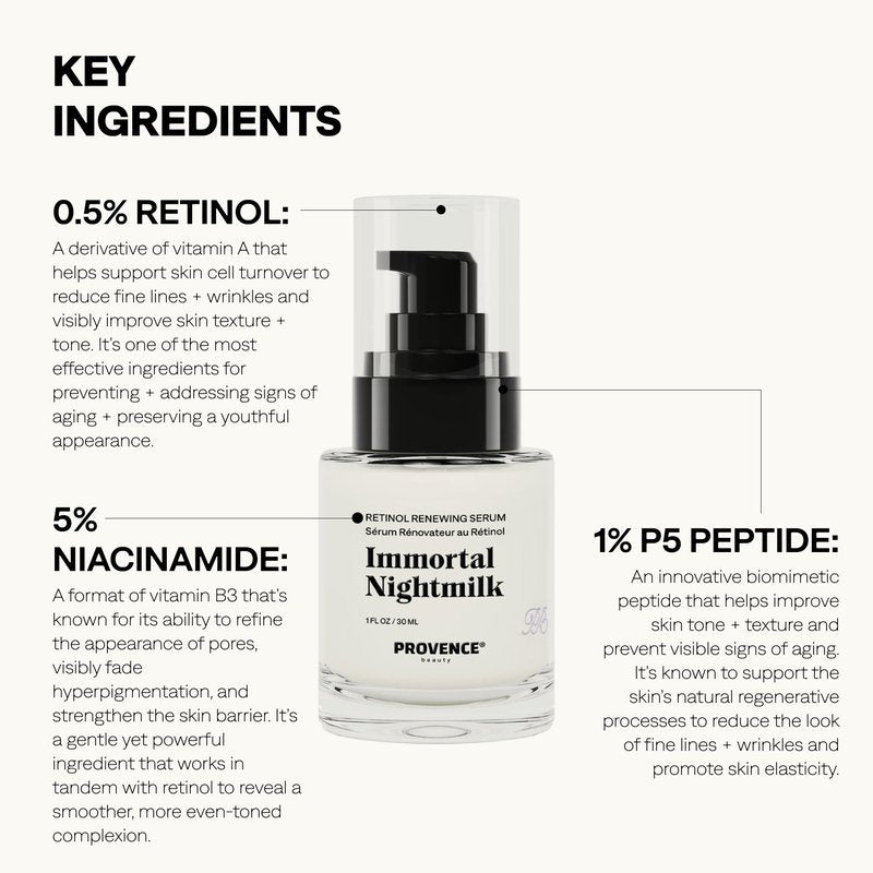 Provence Beauty Immortal Nightmilk Retinol Renewing Face Serum – A Gentle 0.5% Retinol with Niacinamide & P5 Peptide – Smooths Texture, Improves Tone & Firms Skin – 1 fl oz