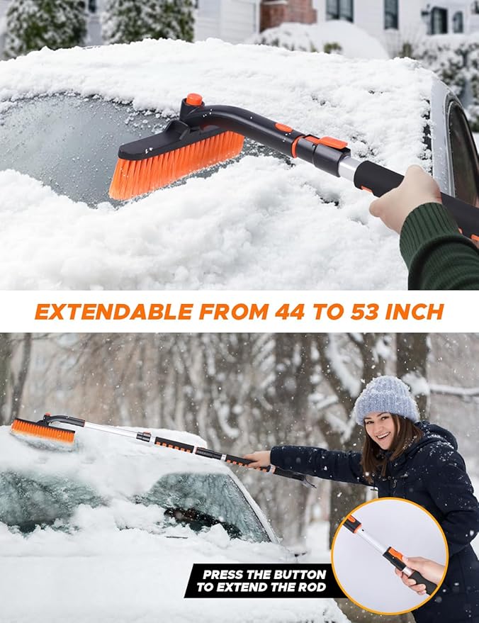 EcoNour 53â³ 3 in 1 Extendable Snow Brush with Ice Scraper for Car Windshield | 360Â° Pivoting Long Snow Brush for SUV, Truck, and Car | Winter Car Accessories