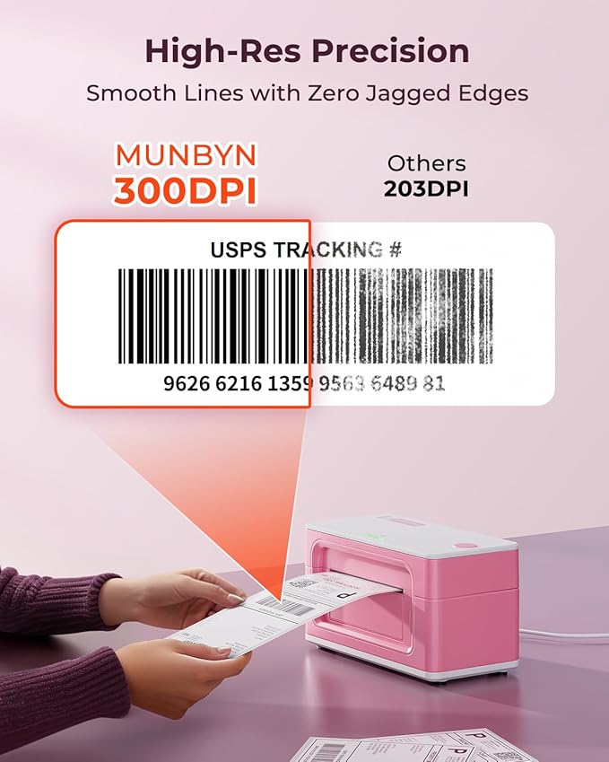 MUNBYN Bluetooth Thermal Label Printer 941BP, Wireless 300DPI 4x6 Shipping Label Printer for Small Business, Compatible with Windows, Mac, iPhone, Android, PC, Amazon, Shopify, Etsy, USPS (Pink)