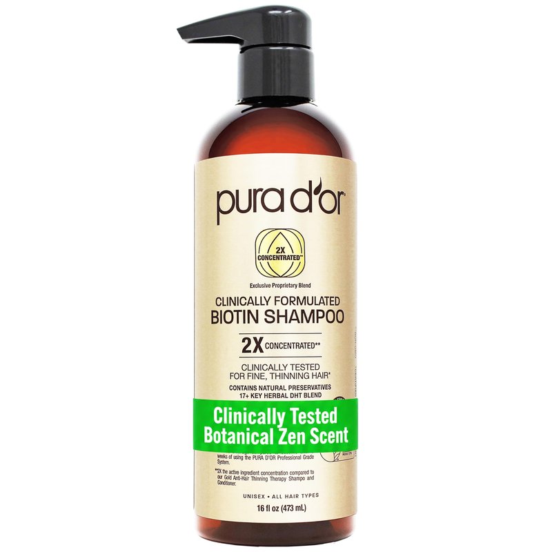 PURA D'OR Clinically Formulated Biotin Shampoo - Daily Hair Care Routine For Thinning Hair - 2X Concentrated 17+ Key Herbal Blend Hair Thickening Products For Women & Men, Botanical Zen Scent 16 Fl Oz