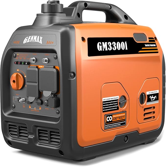 GENMAX Portable Generator，3300W Ultra-Quiet Gas Engine, EPA Compliant, Eco-Mode Feature, Ultra Lightweight for Backup Home Use & Camping (GM3300i)