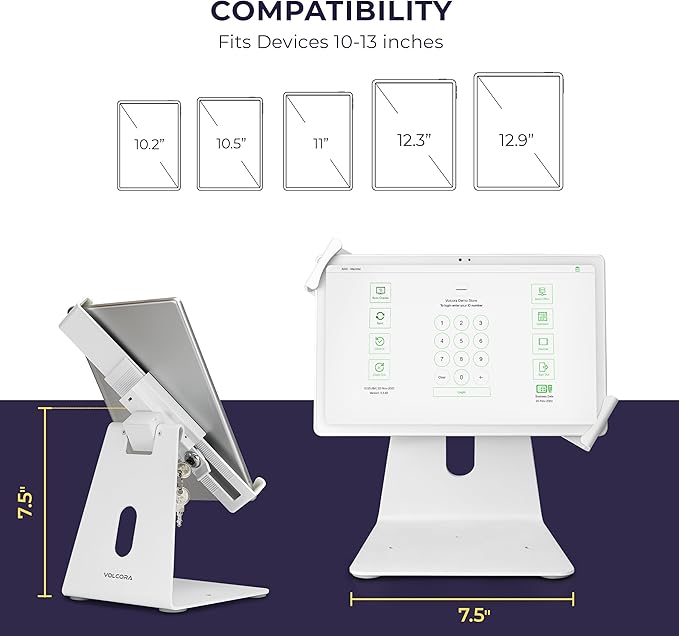 Volcora Anti-Theft Tablet Stand iPad Kiosk Stand with Lock, White 10-13'' iPad Stand for Desk, Swivel, Adjustable iPad Holder for Desk, iPad Mount for Desk for POS Register, Retail Business, Cashier