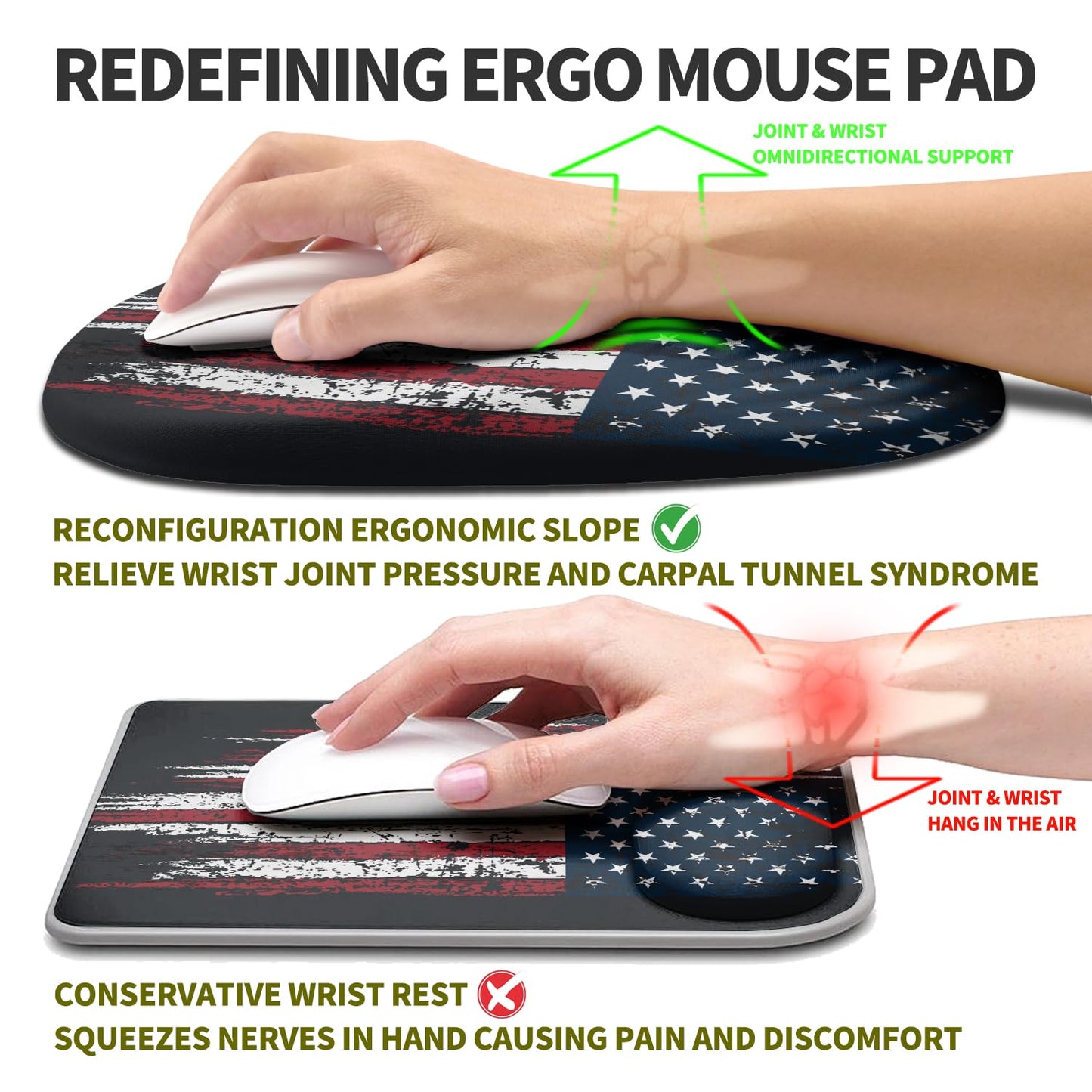Hokafenle Ergonomic Mouse Pad Wrist Support, Terraced Slope Carpal Tunnel Wrist Pad for Mouse with Unibody Memory Foam, Wrist Rest Pain Relief Mousepad (US Flag, 11.8x7.9 in)