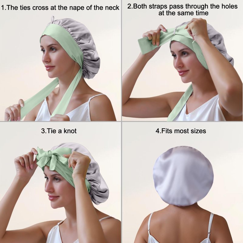 ZIMASILK 100% Mulberry Silk Bonnet for Sleeping Women Double Layer Hair Wrap with Silk Tie Band Natural Cap for Hair Care Stay on Head (1Pc, Purple + Green)