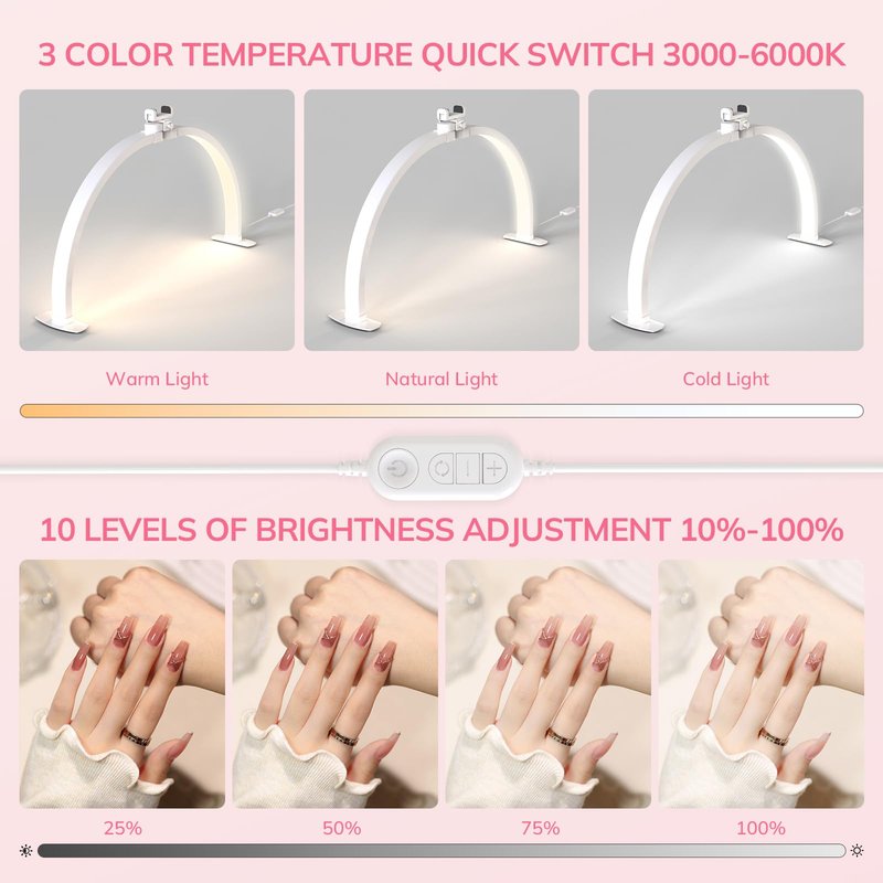 Lavinda Large Half Moon Light for Nail Desk, 29'' Nail Table Lamp with Phone Holder, 3000K-6000K Dimmable LED Desk Lamp with Wire Controller for Manicure DIY, Eyelash Extension, Skincare, Tattoo