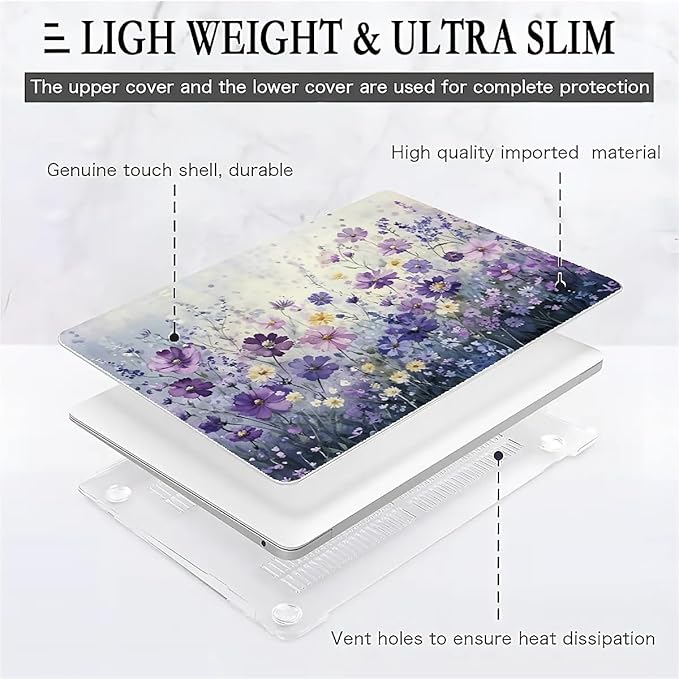 COTAIL Compatible with MacBook Air 13.3 13.6 Inch Case 2022 2021 2020 2019 Plastic Hard Shell Case Cover,13.6 Air (A2681) M2 2022, Purple Wildflowers