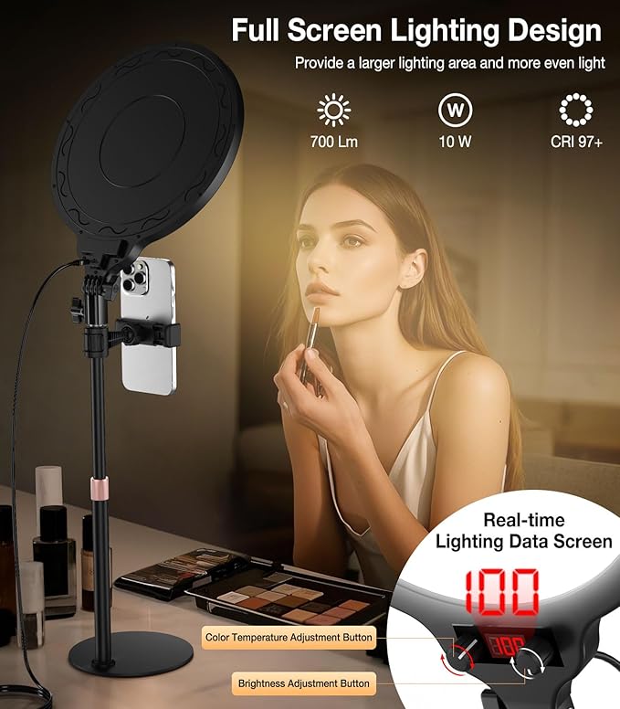 Moko LED Ring Light for Desk, 10" Full-Screen Desk Ring Light with Stand, Dimmable Zoom Lighting for Computer, Desk Light for Video Recording, Video Calls, Live Streaming, TikTok, Makeup
