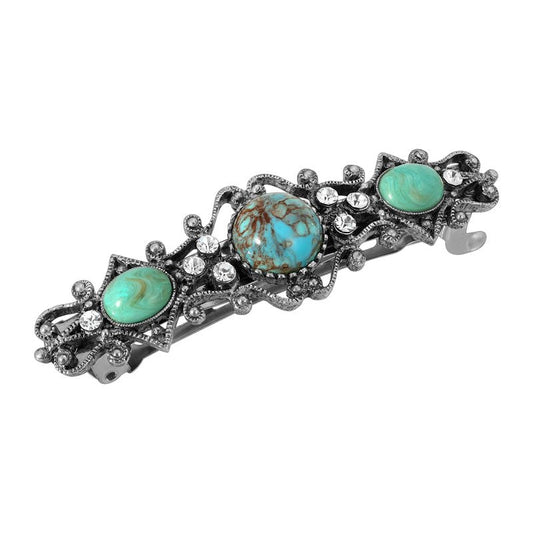 1928 Jewelry Turquoise Color Stones Crystal 2.95 Inch Hair Barrette Clip For Women, (1 Pcs)
