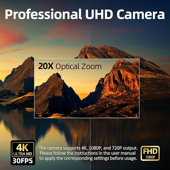 Vunvooker 4K Conference Room Camera,PTZ Camera 20X Optical Zoom with IP/USB3.0/HDMI/RS232/RS485 for IP Live Streaming Video Conference and Church Education