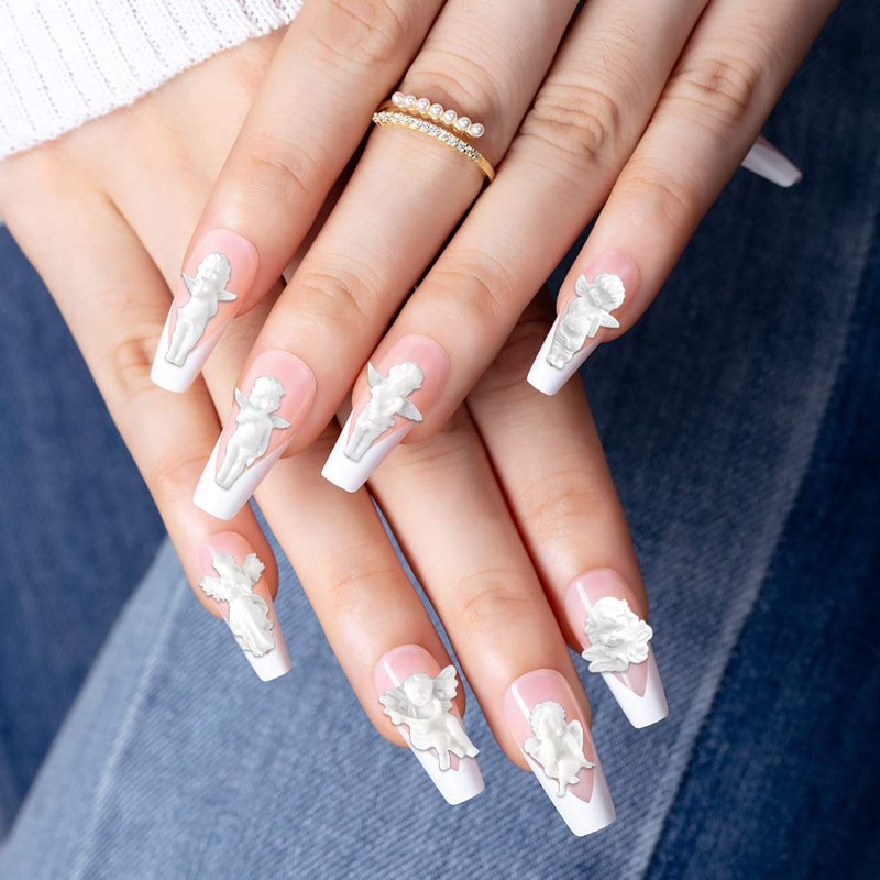 WOKOTO 90PCS White Embossed Angel Nail Charms For Acrylic Nails 3D Angel Baby Nail Art Charms Retro Baroque Cupid Designs Nail Art Accessories Jewelry Decorations For Women Nail Supplies