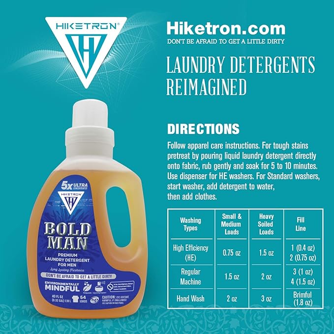 Hiketron Bold Man Liquid Laundry Detergent, 5x Ultra Concentrated, Tough Stains Remover Washing Detergent, Long Lasting Masculine Scent (40 Fl Oz, Pack of 1)