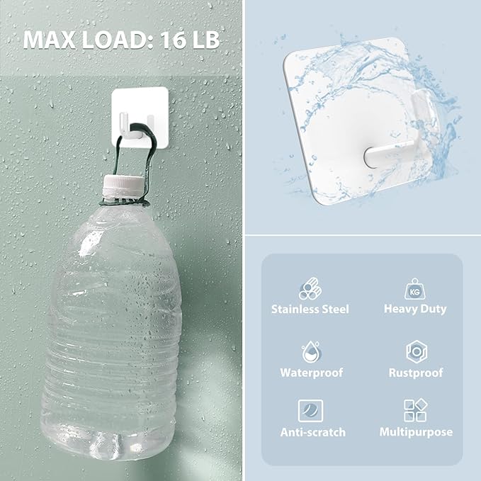 VIS'V Adhesive Hooks, Metal Shower Wall Stick on Hooks, Waterproof, 2 Extra Adhesive Strips, White, 4 Pcs