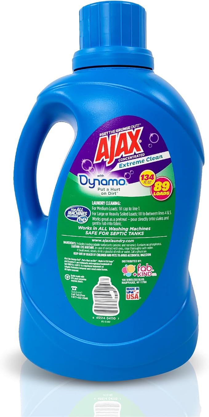 Ajax + Dynamo Mountain Air Laundry Detergent Liquid â Totally Awesome Cleaner with Deep Clean Power, Stain & Odor Remover, HE Compatible, 134oz (Pack of 4), 356 Loads, Fresh Scent