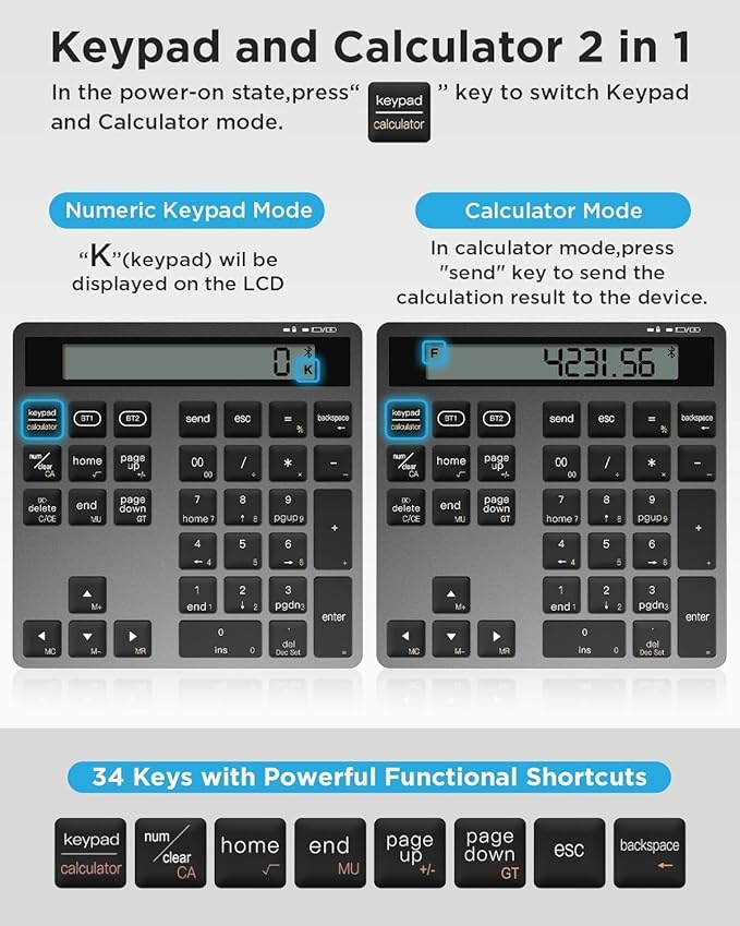 Bluetooth Number Pad, Wireless Numeric Keypad Calculator with Display, USB-C Rechargeable External 34-Keys Numpad, Financial Data Entry Keyboard for iMac, MacBook Air/Pro, PC Desktop, Laptop Notebook