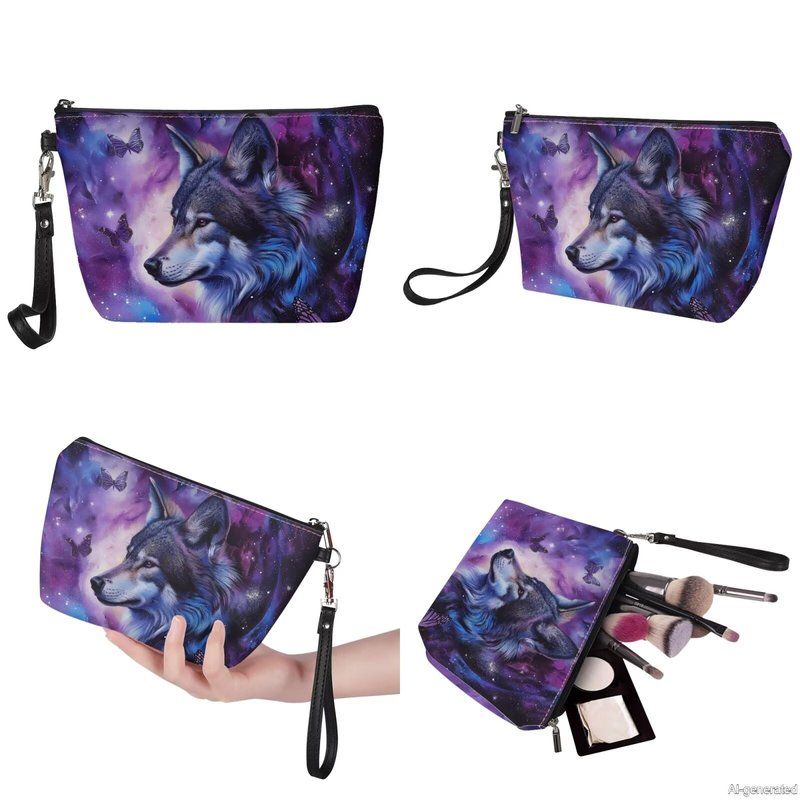 GIFTPUZZ Wolf Women Handbag Set 3 Packs Includes Large Capacity Top-Handle Bag PU Leather Toiletry Makeup Pouch Long Wallets Waterproof Blue Purple