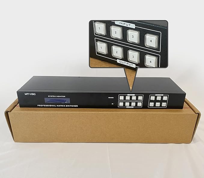 MT-VIKI 4K HDMI Matrix Switch 4x4 with Audio Extraction +Web GUI+ Remote, Rack Mount Switcher & Splitter, 4K@30Hz, EDID, RS232, LAN Port, APP for Conference Room, Church (4 in 4 Out)