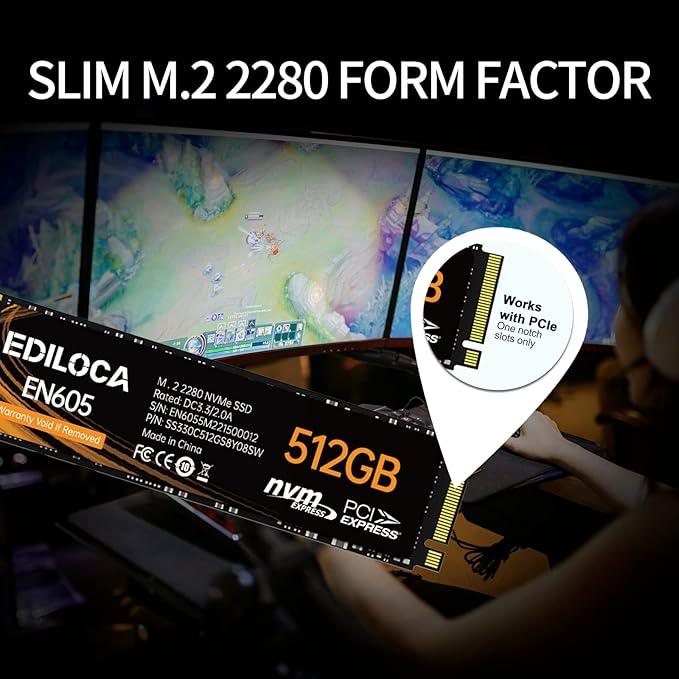 Ediloca EN605 512GB M.2 SSD, NVMe1.3 PCIe Gen3 x4 SSD TLC, Internal Hard Drive, M.2 2280 - Read/Write Speed up to 2100/1300 MB/s - Internal SSD Compatible with Laptop & PC Desktop
