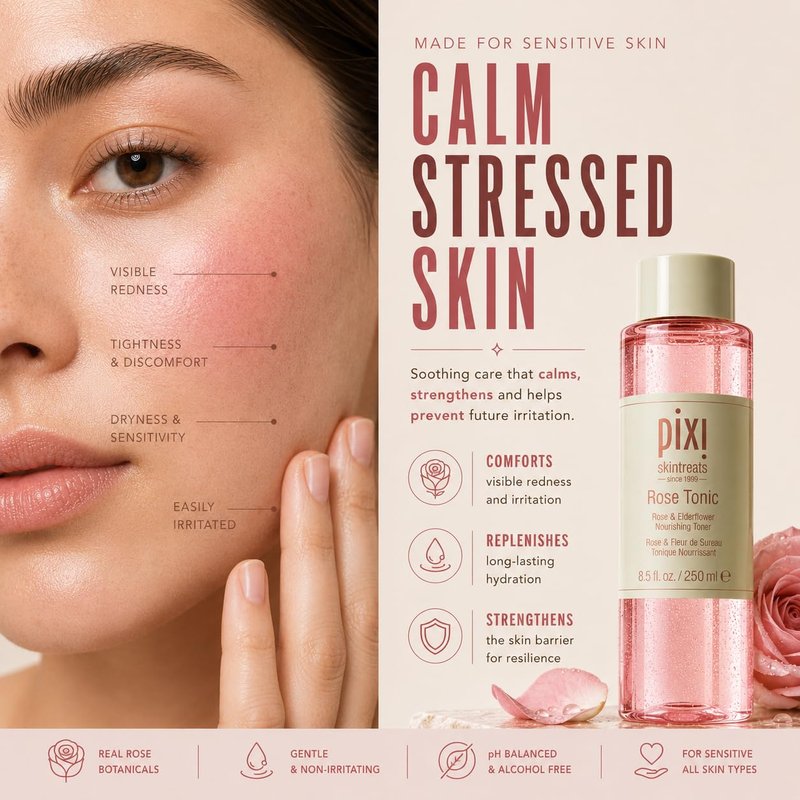 Pixi Rose Tonic Rose Hydrosol Toner Hydrates Skin, Minimize Redness, Rehydrates and Replenishes, 8.5 fl oz/250ml