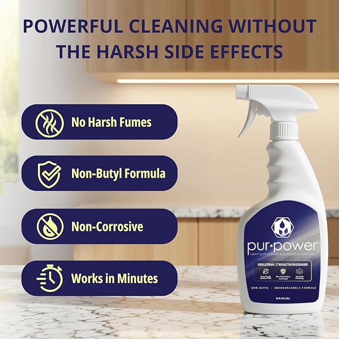 EvaClean PurPower Cleaner and Degreaser â Ready to Use, 2-Pack Spray Bottles 32 FL Oz. Each, Heavy Duty, Non-Butyl Formula, Grease, Oil, Grime Remover for Kitchen, Garage, Engine, Concrete