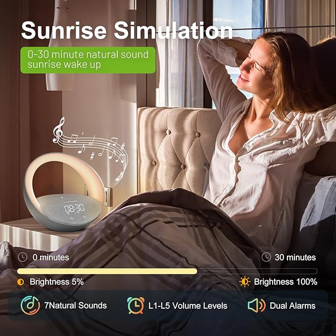 FUNFOR Bluetooth Alarm Clock, Sunrise Simulation Wake Up Night Light, 15W Fast Wireless Charging Alarm Clock for Bedroom, 10W Bluetooth Stereo Sound Speaker, USB Charger Port