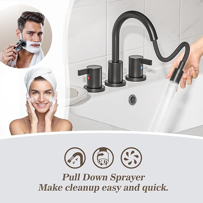 Phiestina Pull Out Sprayer Matte Black 8 Inch Bathroom Sink Faucet, Widespread 2 Handles 3 Hole Pull Down Bathroom Faucet, with Pop Up Drain and Water Supply Line, BF04022-K01-MB