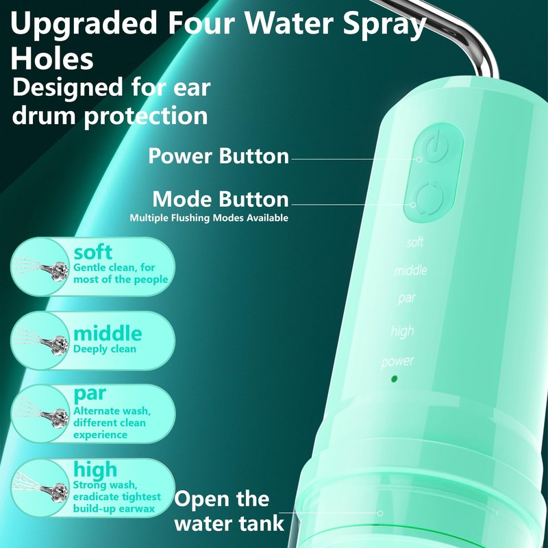 Ear Wax Removal, 2 in 1 Electric Ear Cleaning Kit with 4 Pressure Modes, Portable Water Powered Ear Cleaner with Basin and Nasal Nozzles, Ear Irrigation Flushing System for Adults and Kids, Green