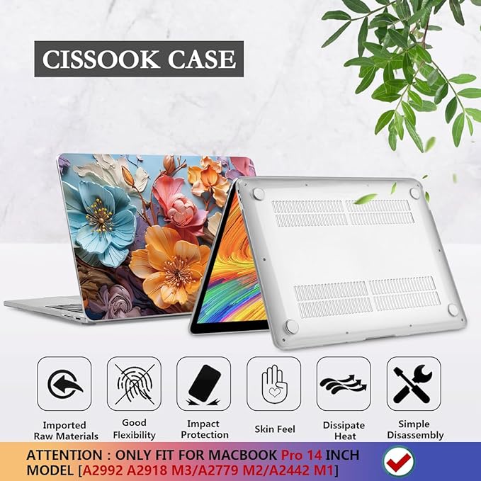 CISSOOK Compatible with MacBook Pro 14 inch Case 2026 2025 2024 2023 2022 2021 Release M5 M4 M3 M2 M1 Chip, Floral Hard Shell Case + Keyboard Cover Screen Protecor, Silk Flowers