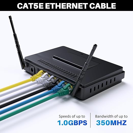 Cat5e Ethernet Cable 150 FT, Long Cat 5e Internet Cable, Yellow Snagless Patch Cord, Flexible, Network, LAN, PoE, Standard RJ45 Connector for PC, Server, Router, Modem, TV, PS5 - with 15 Cable Ties