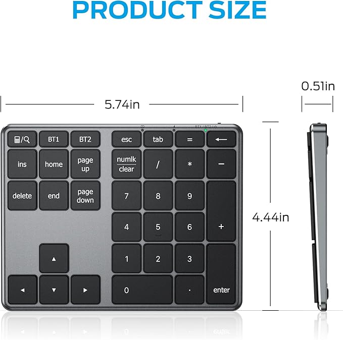 iClever Bluetooth Number Pad, Aluminum 34-Key Wireless Numeric Keypad, USB-C Rechargeable Numpad Keyboard for Data Entry and Accounting, Compatible with Laptop, Mac, Surface Pro, PC Desktop