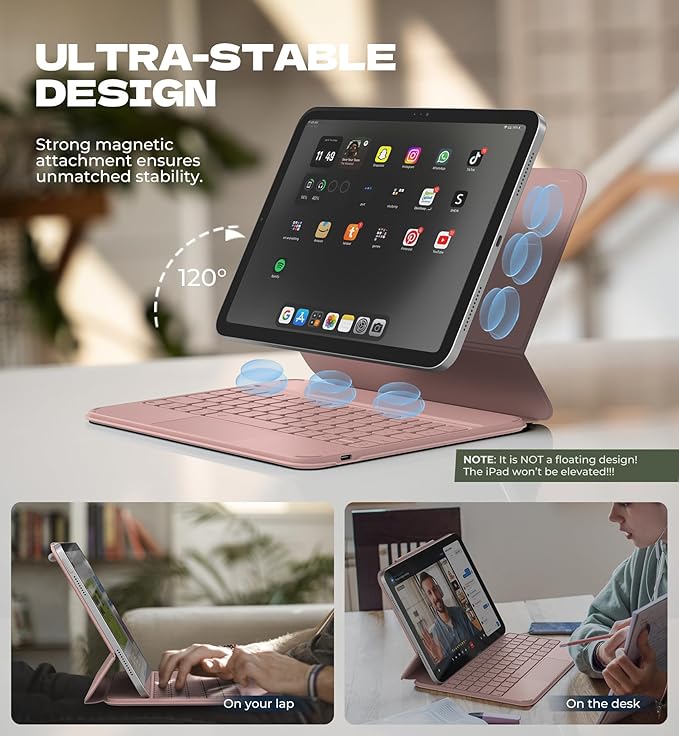 Dexnor for iPad (A16) 11th/10th Generation Case with Keyboard Ultra-Thin Magnetic Folio Keyboard Case Trackpad Pencil Holder Backlit Rechargeable for iPad A16 11" 2025/10th Gen 10.9" 2022, Pink