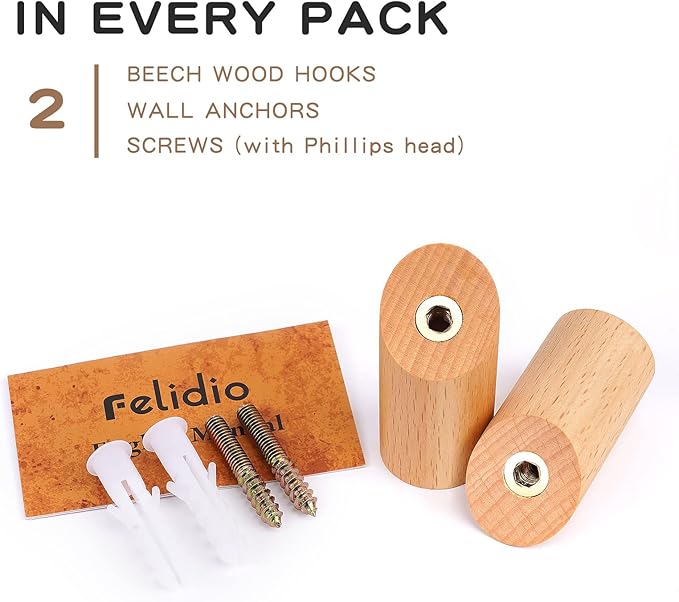 Felidio Wooden Wall Hooks, 2 Pack Coat Hooks Wall Mounted - Natural Wood Hook Coat Rack, Heavy Duty Hooks for Hanging Towels Entryway Coats Hat Rack for Wall (Beech Wood)
