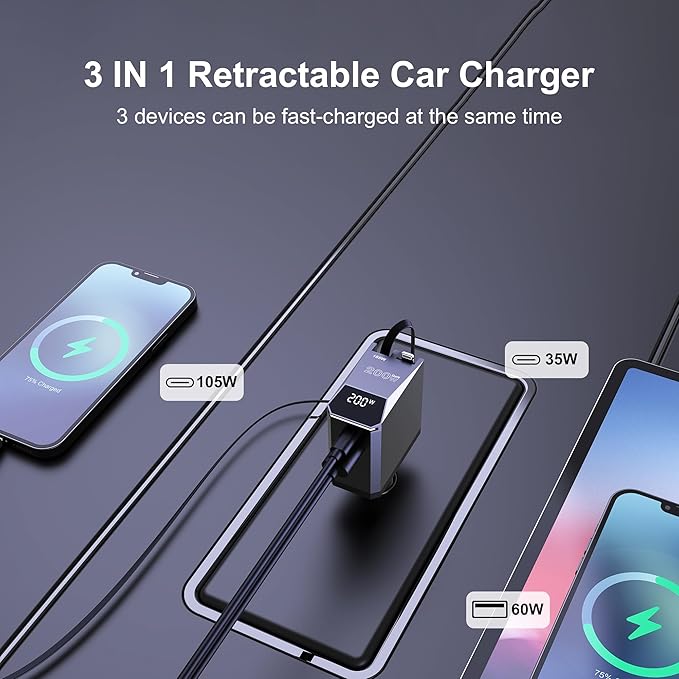 Aftertop 200W Retractable Car Charger, Power Display