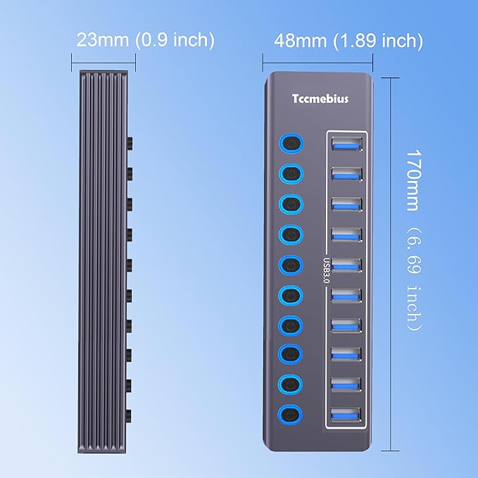 Tccmebius Powered 10-Port USB 3.0 Hub, USB C to 10 Ports USB Data Hub Splitter with Individual LED On/Off Switche, 3.3FT Cable, 12V/3A Power Adapter, for Laptop MacBook Pro/Air PC (Aluminum Gary)