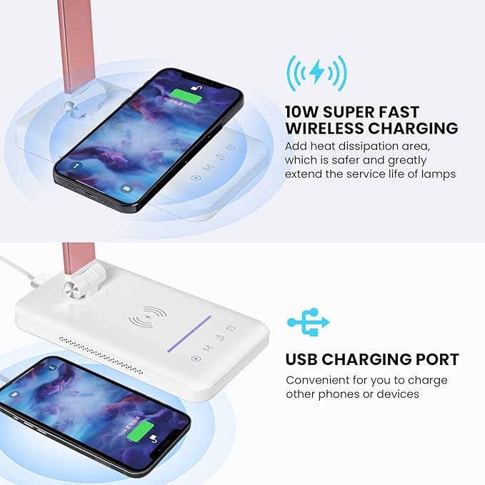 JOSTIC LED Desk Lamp with Night Light, Fast Wireless Charger, USB Charging Port, 10 Brightness, 5 Color Modes, Dimmable Bedside Table Lamp for Bedroom, Touch Control, Auto Timer, 1200Lux Super Bright