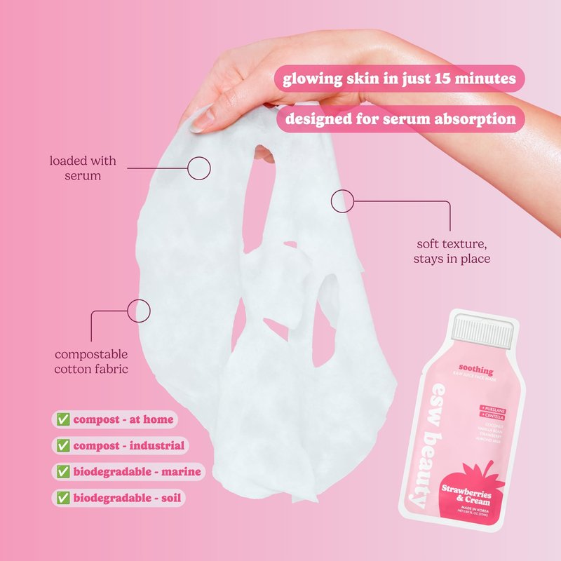 ESW Beauty Strawberries & Cream Soothing Korean Face Mask – Vitamin C, Centella & Vitamin E for Sensitive Skin, Hydration & Barrier Support – Skincare Gifts for Women