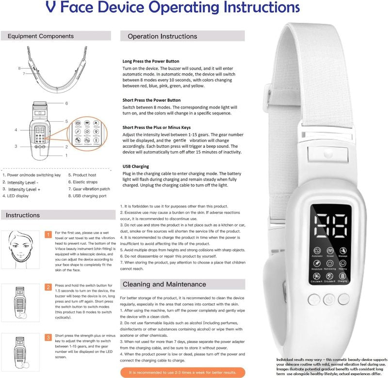 V-Face Machine | Electric Double Chin Device with 15 Intensities & 8 Modes - Includes Free 3D Face Roller for Skin Care