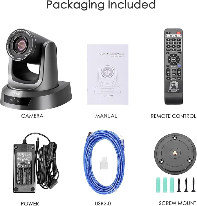 Vikery 10X PTZ Conference Webcam with 3G-SDI/HDMI/USB Output, 1080P PTZ Live Streaming Camera for Church, Education, Conference Room Camera Attached Remote Control Work with Zoom, Skype, OBS