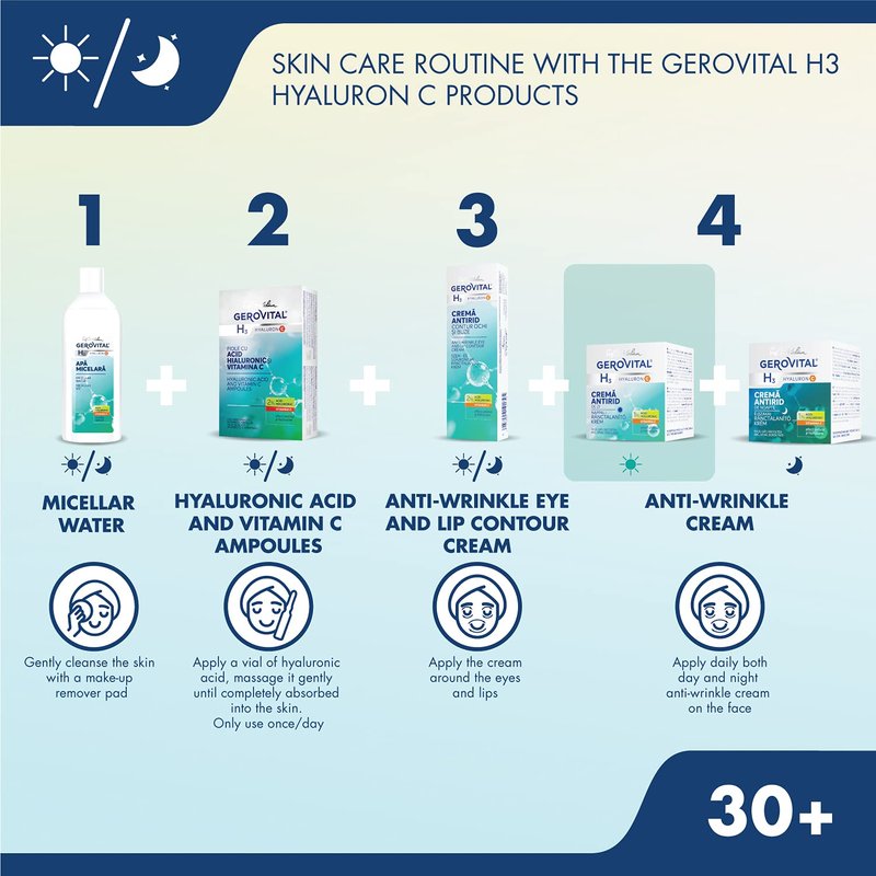 GEROVITAL Anti-Wrinkle Day Face Cream Rich in Hyaluronic Acid, Vitamin C and Niacinamide, Vitamin E, Intense Moisturizer, for Normal, Mixed, Dry Skin, 50 ml