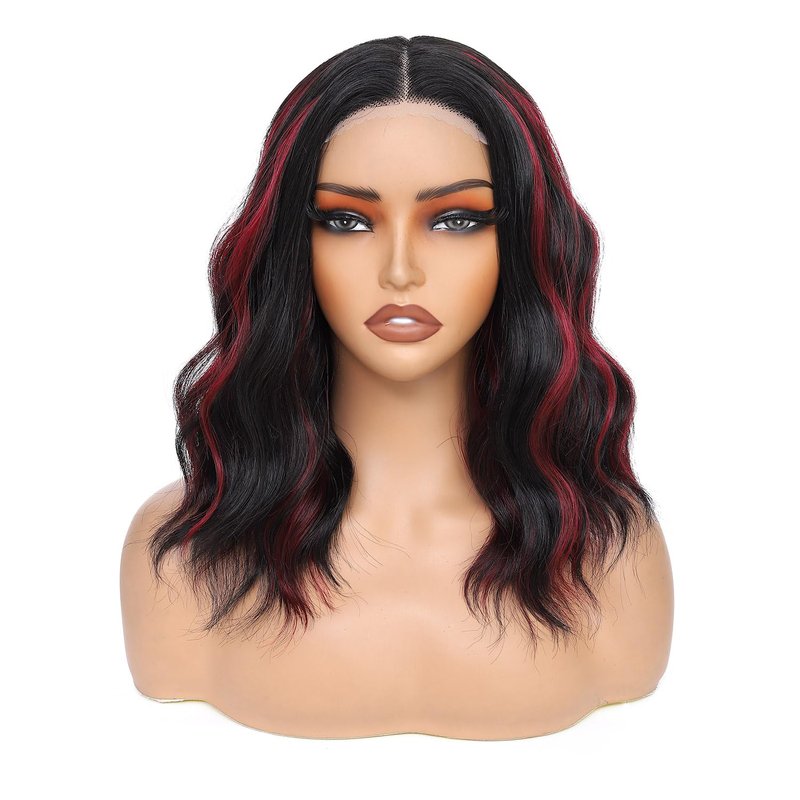Rushinice Short Wavy Black Mixed Red Wig for Women, Lace Hairline Middle Part Bob Style Heat Resistant Synthetic Wigs Natural Looking for Daily Party 14 Inch