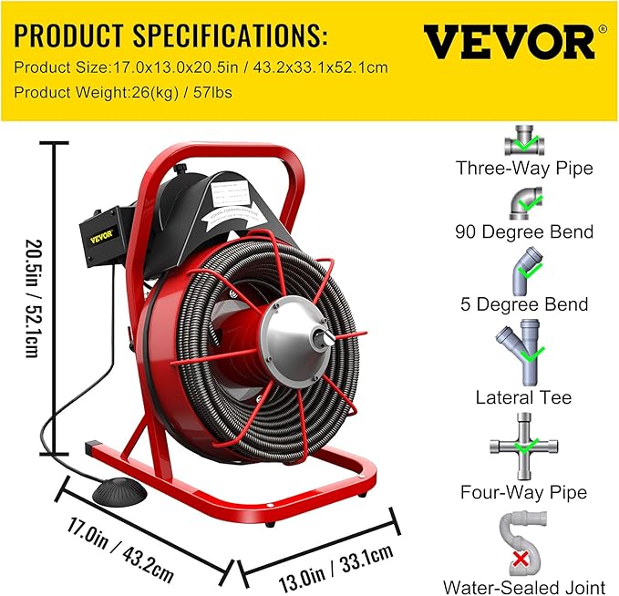 VEVOR Drain Cleaner Machine, 75 Ft x 3/8 Inch, Drain Cleaning Machine Fits 1 to 4 Inch Pipes, Portable Drain Auger Cleaner with 4 Auger Bits, Electric Drain Auger Plumbing Tool