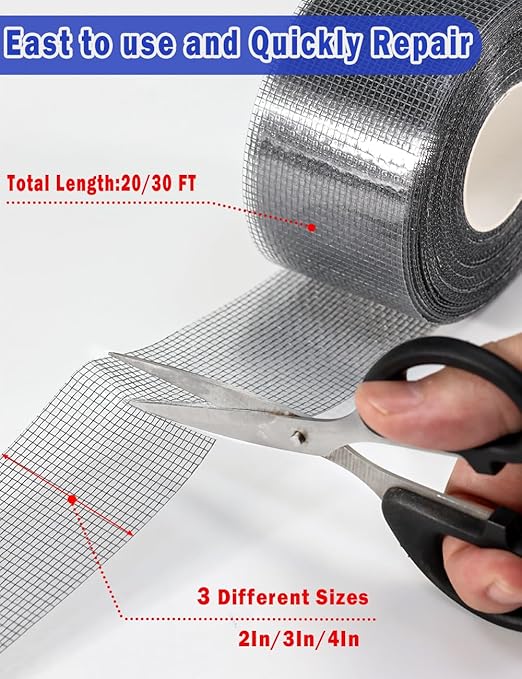 WOHOHOHO Window Screen Repair Tape, 4 in X 40 FT (480IN) Grey Screen Patch Repair Kit, 3-Layer Strong Adhesive Invisible Screen Tape Mesh Repair for Windows, Doors Garage Mosquito Net Magnetic Screen