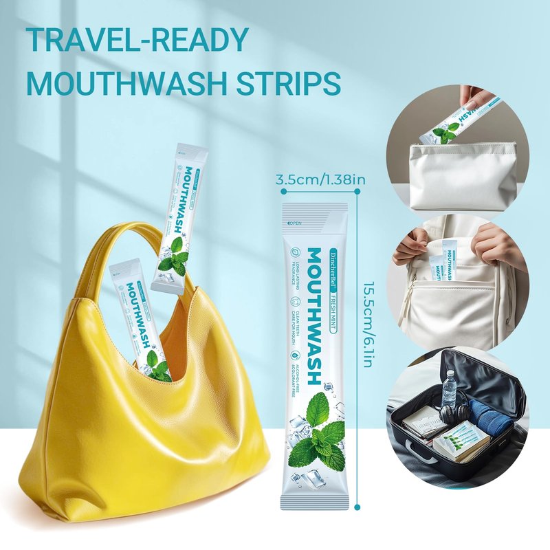 Dincherbel Travel Mouthwash Packets (60 Count) - Alcohol & Fluoride Free Natural Mint Mouth Wash - TSA Approved Individual Packets - Portable, Leak-Proof Sachets for Bad Breath, Gum Health & Dry Mouth