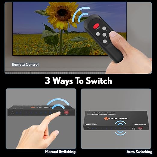 J-Tech Digital 8K HDMI Switch 4 in 1 Out 8K@60Hz 4K@120Hz 1080P@240Hz, HDMI Audio Extraction to Optical & 3.5mm, HDR HDCP 2.3 EDID Control, Compatible with PS5 PS4 Xbox Switch Apple TV Roku Fire TV