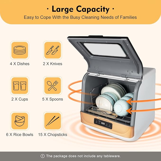 Countertop Dishwasher,1200W Portable Dishwasher with 4 Washing Programs, Air-Dry Function and LED Light 110V Stainless Steel Automatic Dishwasher Deep Heating Cleaning Machine for Apartment, Dorms,RVs