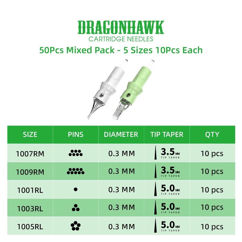 Dragonhawk 50Pcs Tattoo Cartridge Needles #10 Assorted Mixed Size Round Liner 1RL 3RL 5RL 7RM 9RM Curved Magnum Disposable Membrane for Rotary Machine