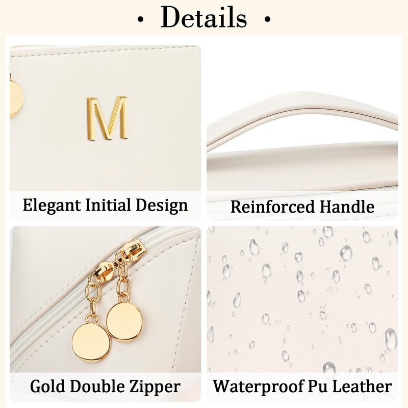 CLOUDWINGS Birthday Gifts for Women Teen Girl, Personalized Initial Makeup Organizer Bag Set, Open Flat Travel Cosmetic Bag With Clear Divider and Handle(Beige,M)