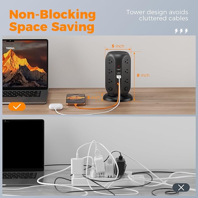 TESSAN Tower Power Strip with Individual Switches, Surge Protector with 12 Outlets, 5 USB Ports(2 USB C), Flat Extension Cord 10 Ft, 1250W, Charging Station for Multiple Devices, Office, Dorm, Black